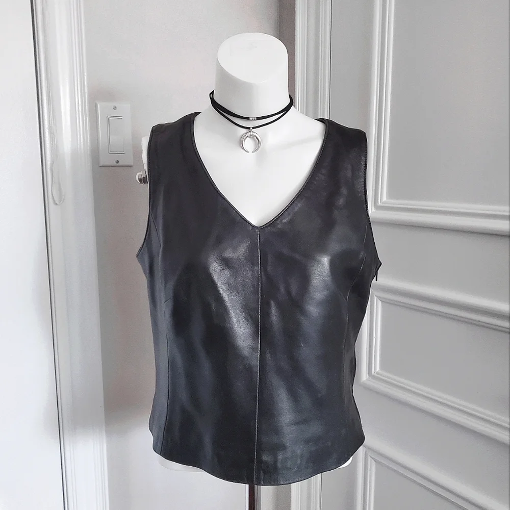 90's DANIER Soft Leather Sleeveless V Neck Vest - Picture 3 of 15